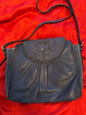 Hispanitas dark blue Leather Shoulder Bag with Floral Applique